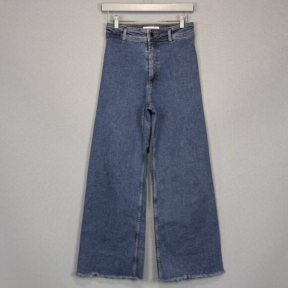 Zara Denim - Zara Jeans Womens 6 Blue The Marine Straight Wide Leg High Rise Fray Hem Stretch